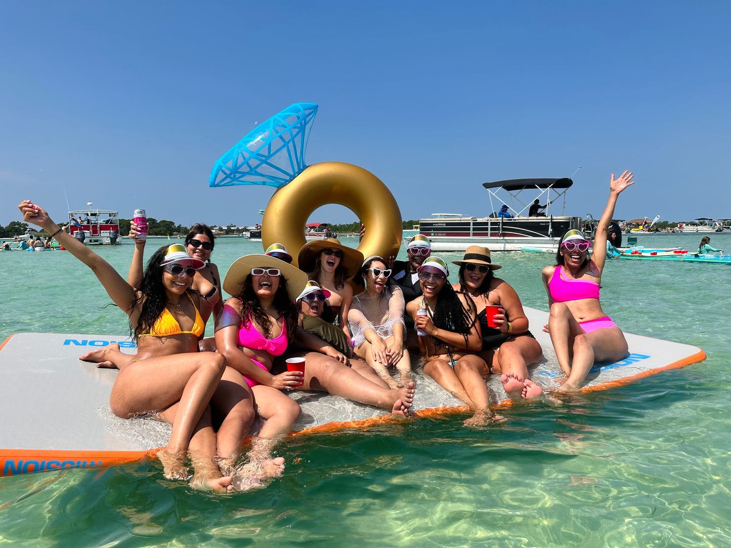 Bachelorette Party with ring float at Crab Island