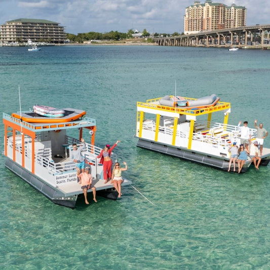 Two private pontoon rentals anchored at Crab Island