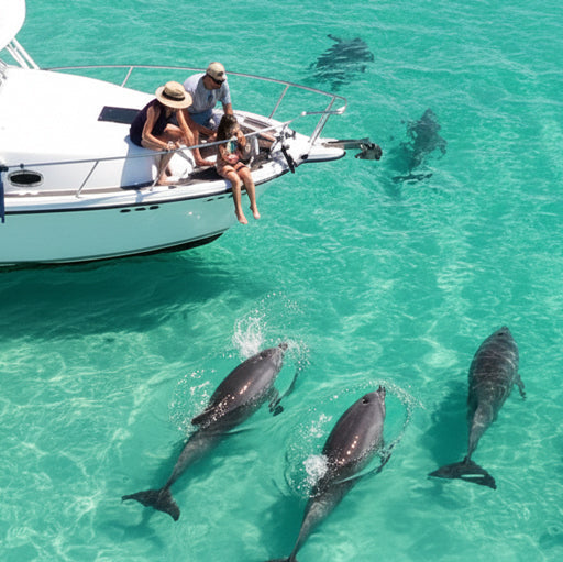 People on a boat observing dolphins in clear blue water