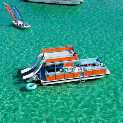 Aerial view of double slide pontoon boat rental with bathroom at Crab Island